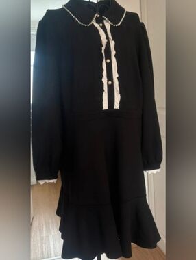 Monsoon Black Long Sleeve Peter Pan Collar Ruffle-Trim Dress with White Details